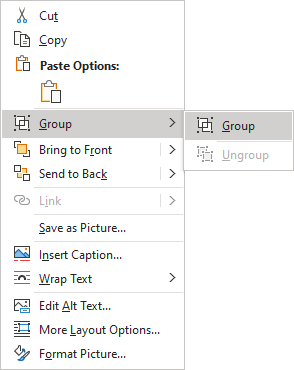 Group in popup menu Word 365