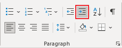 Increase Indent in the Paragraph dialog box Word 365