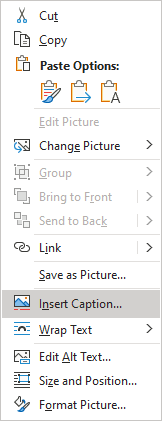 Insert Caption for pictures in popup menu Word 365