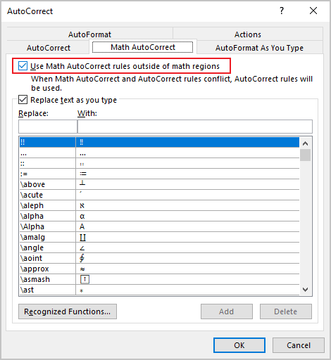 Use Math AutoCorrect rules outside of the math regions in Word 365