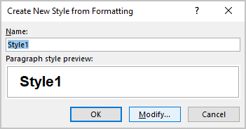 Modify in Create New Style from Formatting dialog box Word 365
