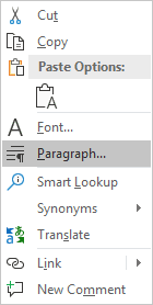Paragraph in the popup menu Word 365