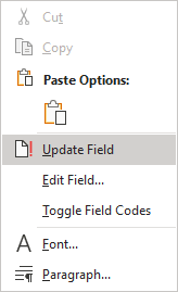 Update Field in the popup menu Word 365