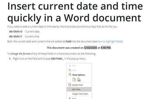 Insert current date and time quickly in a Word document
