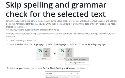 Skip spelling and grammar check for the selected text