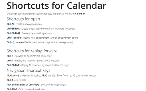 Shortcuts for Calendar