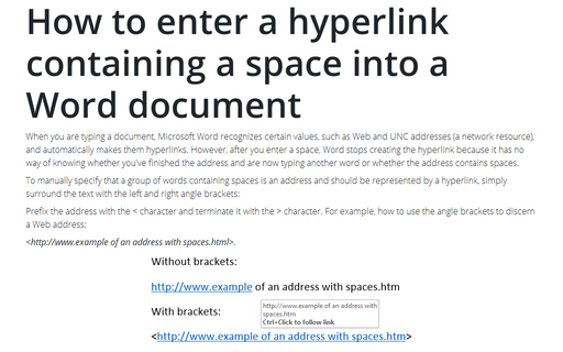 How to enter a hyperlink containing a space into a Word document