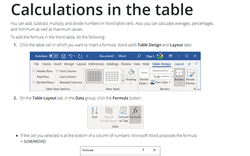 Calculations in the table