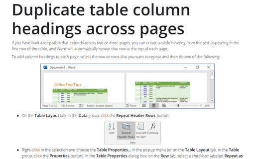 Duplicate table column headings across pages