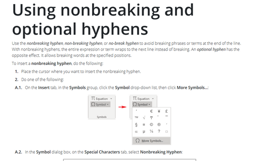 Using nonbreaking and optional hyphens