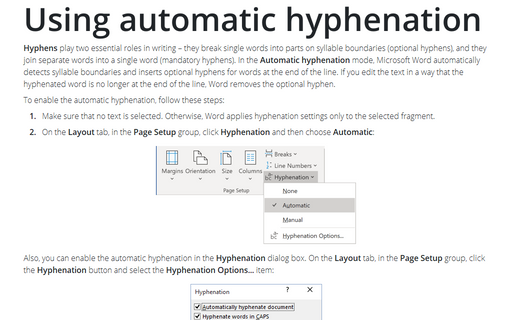 how to turn on auto hyphenation in word 2016