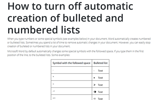 How to turn off automatic creation of bulleted and numbered lists