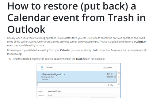 How to restore (put back) a Calendar event from Trash in Outlook