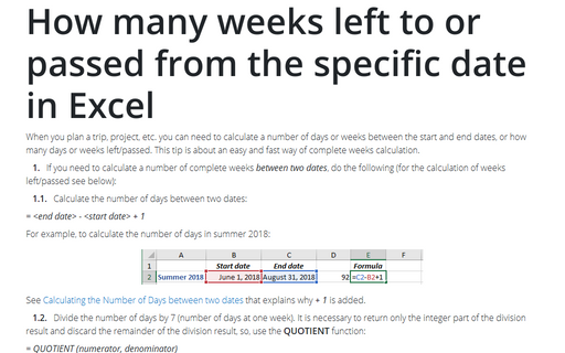 How many weeks left to or passed from the specific date in Excel