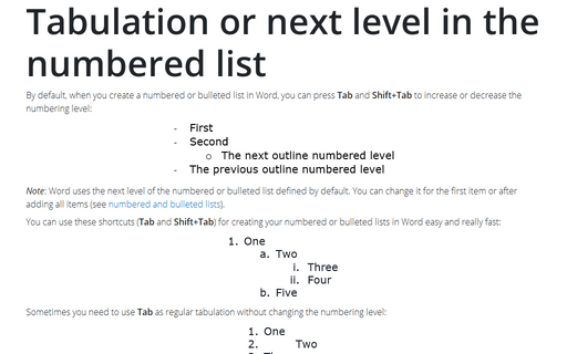 Tabulation or next level in the numbered list