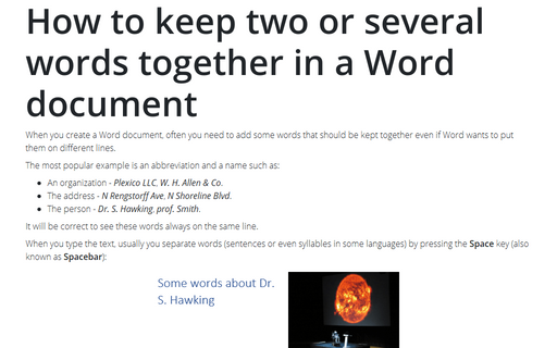 How to keep two or several words together in a Word document
