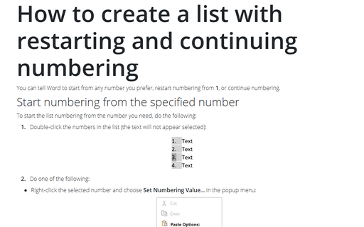 How to create a list with restarting and continuing numbering