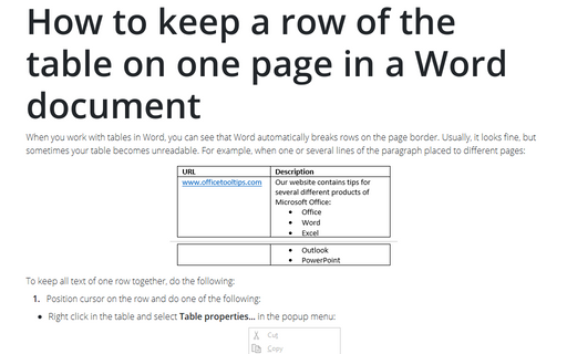 How to keep a row of the table on one page in a Word document