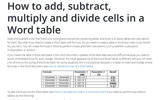 How to add, subtract, multiply and divide cells in a Word table