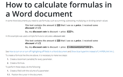 How to calculate formulas in a Word document