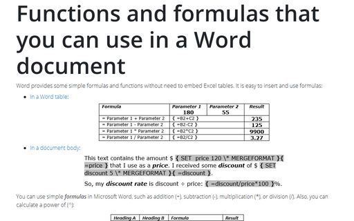 Functions and formulas that you can use in a Word document