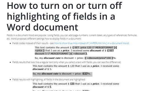 How to turn on or turn off highlighting of fields in a Word document