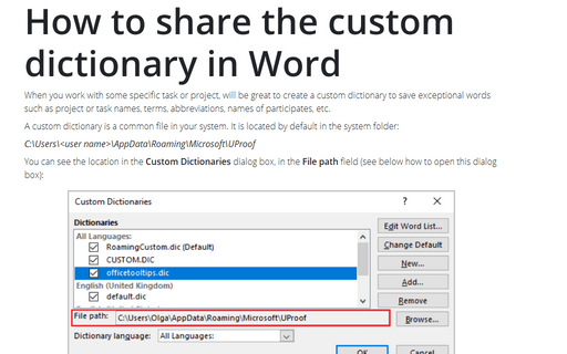 How to share the custom dictionary in Word