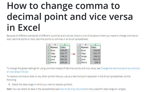 How to change comma to decimal point and vice versa in Excel