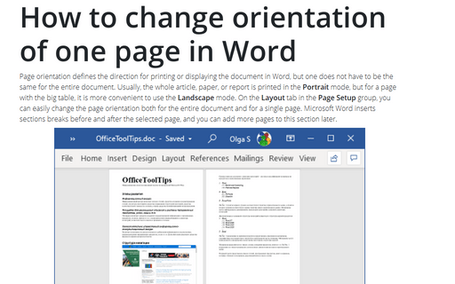 How to change orientation of one page in Word