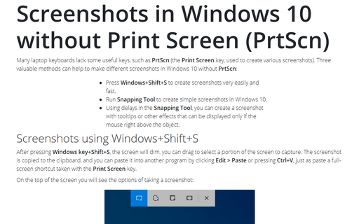 Screenshots in Windows 10 without Print Screen (PrtScn)