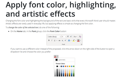 Apply font color, highlighting, and artistic effects