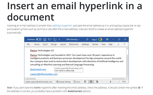 Insert an email hyperlink in a document