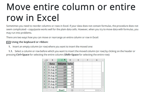 Move entire column or entire row in Excel