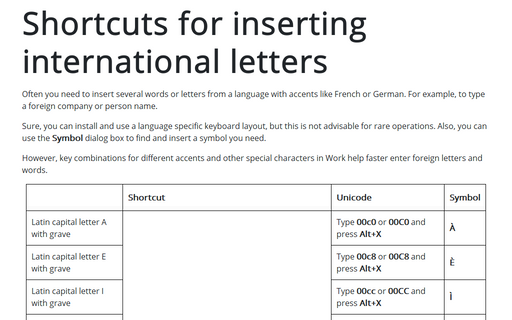 Shortcuts for inserting international letters