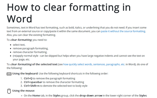 How to clear formatting in Word