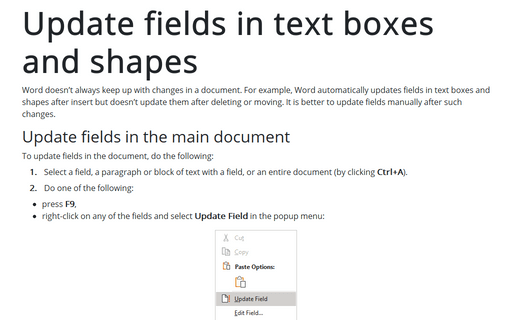 Update fields in text boxes and shapes