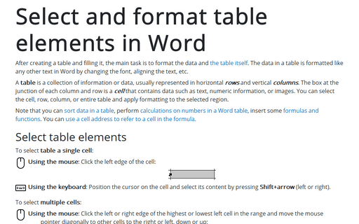 Select and format table elements in Word