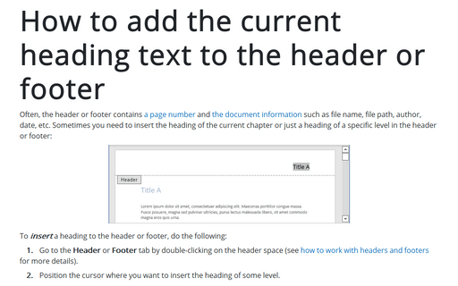 How to add the current heading text to the header or footer