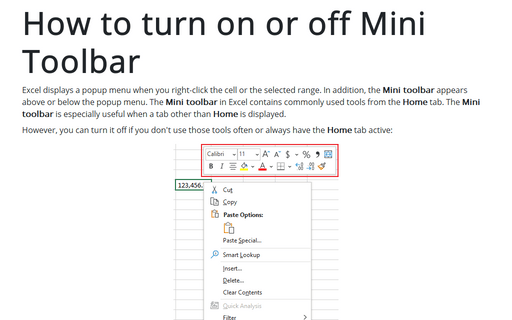 How to turn on or off Mini Toolbar