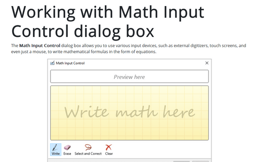 Working with Math Input Control dialog box