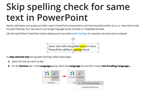 Skip spelling check for same text in PowerPoint