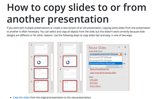 How to copy slides to or from another presentation