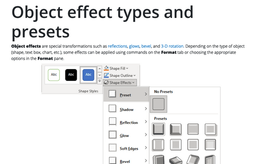 Object effect types and presets